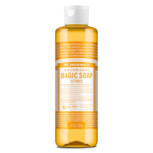 Image of Dr. Bronner's Pure-Castile Magic Soap Liquid (Citrus, 8 Ounce) - Made with Regenerative Organic Certified Oils, 18-in-1 Uses: Face, Body, Hair, Laundry, Pets and Dishes, Concentrated, Vegan, Non-GMO