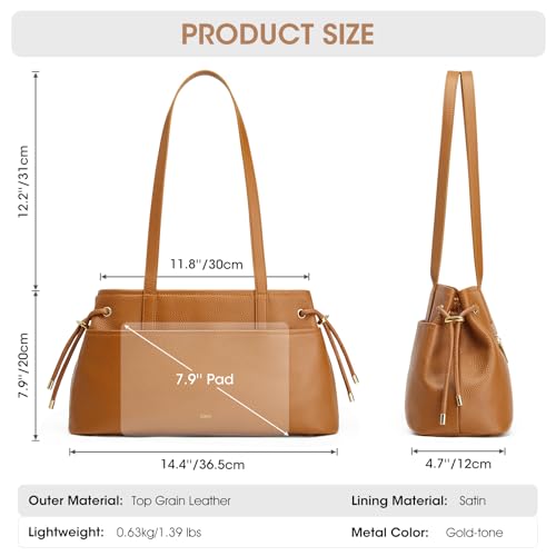 Image of Kattee Premium Leather Shoulder Bag for Women with Drawstring | Top grain pebbled leather with drawstring sides, roomy pockets, and space for a 7.9-inch tablet.