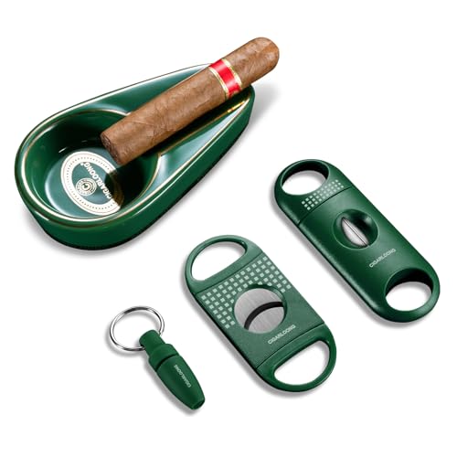 CIGARLOONG Cigar Ashtray and Cigar Cutter Set,Portable Ceramic Ashtray with Cigar Guillotine,Cigar V-Cutter and Cigar Punch,Cigar Accessories Set,Gift for Men (Green)