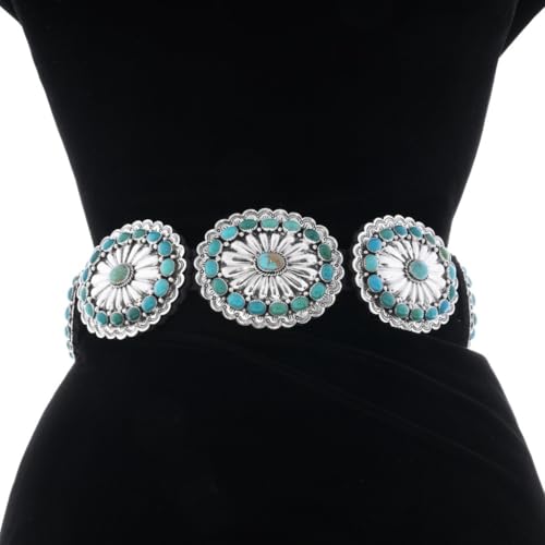 Genuine Nevada Green Turquoise Sterling Navajo Concho Belt Hammered Silver Pawn Style Design on Genuine Leather 13252