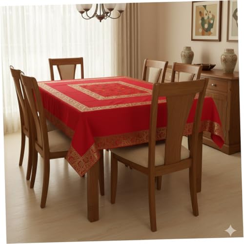 Image of New Year Room Decor Embroidery Brocade Silk Table Cover for Centre & Dinning Table and 4 & 6 Seater Dining Table /Tablecloth, (50 by 50 Inches) (Red)