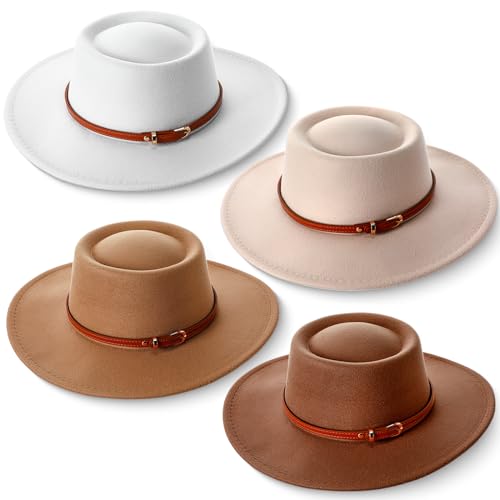 JaGely 4 Pcs Felt Hats for Women Wide Brim Felt with Belt Buckle Vintage Panama Boho Jazz Hat for Burning Wedding Tea Party (Khaki,White,Brown,Beige with Brown...