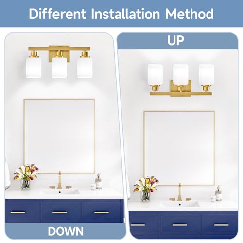 Image of Bathroom Vanity Light,3-Light Gold Modern Bathroom Light Fixtures with Square Frosted Glass,Gold Wall Lamp Sconces for Mirror Bedroom,Living Room Hallway, E26