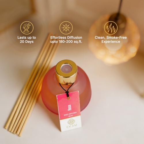 Image of Ekam Frosted Glass 60ml Rose Reed Diffuser Set | Free 6 Fiber Reed Sticks | Stress Relief & Aromatherapy | Long-Lasting Home Fragrance (Up to 60 Days) | Air Freshener for Room, Bedroom & Bathroom