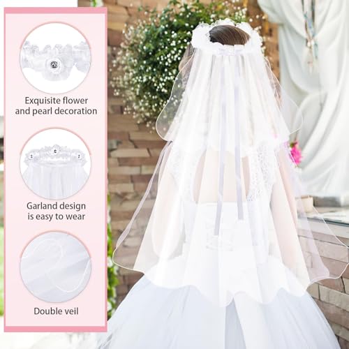 AUGSUN 4Pcs Girls First Communion Veils Set - White Pearl Floral Crown Veil, Lace Gloves, Necklace & Bracelet for Girls Wedding Party Costume4