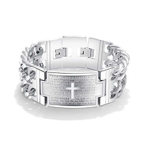 Iflytree Men Stainless Steel Religious Cross Our Father Bible Lord's Prayer Bracelet Link Chain (Silver)