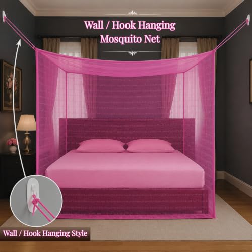 Image of Mosquito Net for King Size Bed & Double Bed (6x7 ft, Wall /Hook Hanging) Poly-Cotton Blend Fabric, Wave Line Pattern, Pre-Fitted Bottom & Cotton Ribbon (Pink)