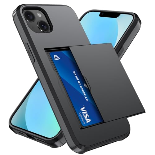 Qinmay Compatible with iPhone 13 Case with Card Holder Dual Layer Shockproof Heavy Duty Protective Hidden Slot Slim Wallet Phone CoverBlack