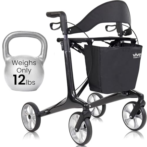 Vive Lightweight Rollator Walker with Seat - Carbon Fiber Frame for Seniors - Stand up Folding Mobility Aid - Height Adjustable, Brakes, Armrest & Storage Bag Accessory (Black)