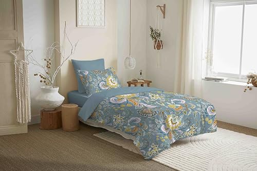 COTON PUR Pack Complet Housse de Couette réversible Vanessa 4 pièces pour lit 90 x 190 (Bergame Turquoise)