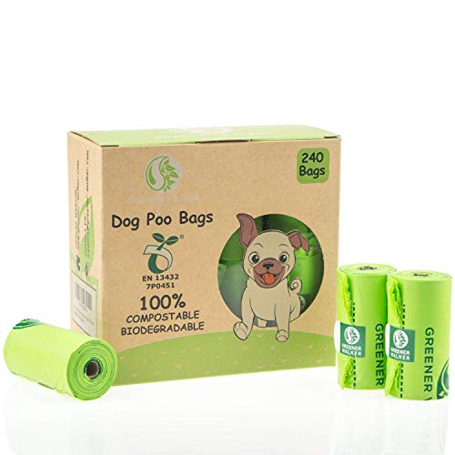 Greener Walker Bolsas 100% compostables para residuos de perros, 240 bolsas biodegradables, extra gruesas, resistentes a fugas, con certificado EN13432