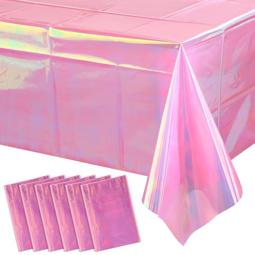 Image of 6 Pack Iridescent Plastic Tablecloth, Shiny Disposable Laser Rectangle Table Covers, Holographic Foil Tablecloth Party Decorations for Birthday Bridal Wedding Anniversary Party Supplies, 50 x 100 Inch