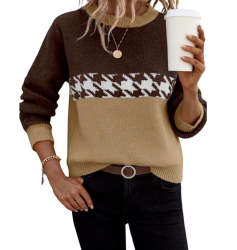 Image of chouyatou Women's Vintage Color Block Long Sleeve Pullover Sweater Houndstooth Printed Crewneck Jumper Tops