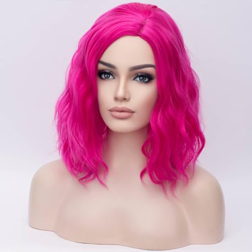 Image of BERON Pink 14 inch Wigs for Women Girls Short Curly Bob Wavy Wig Hot Pink Color Body Wave Halloween Cosplay Daily Party Wigs