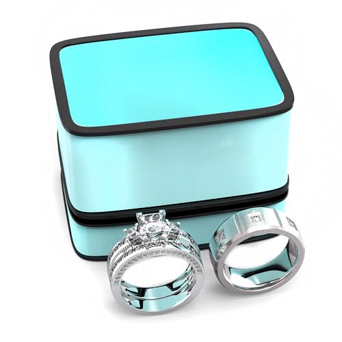 Couple Ring Bridal Set His And Hers Women 925 Sterling Silver Square Cut Moissanite Ring Set Men Titanium Band Wedding Ring Band Set With Jewelry Box
