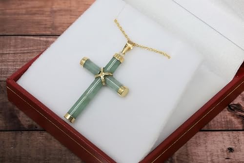 10K Yellow Gold Genuine Jade Cross Pendant Necklace4