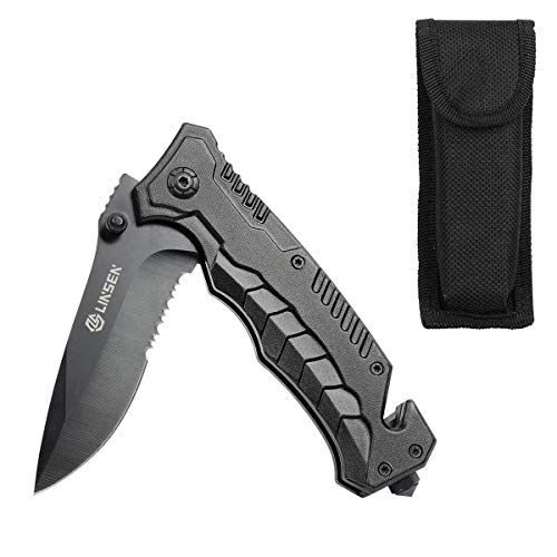 Linsen-outdoors Black War Wolf Outdoor Folding Knife with Serrated Blade| Outdoor Survival Pocket Knife | Rescue Knife Made of Stainless Steel Blade and Aluminum Handle