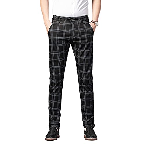 Banana Bucket Mens Casual Fashion Slim Fit Stretch Flat-Front Skinny Dress Pants Plaid with Pockets