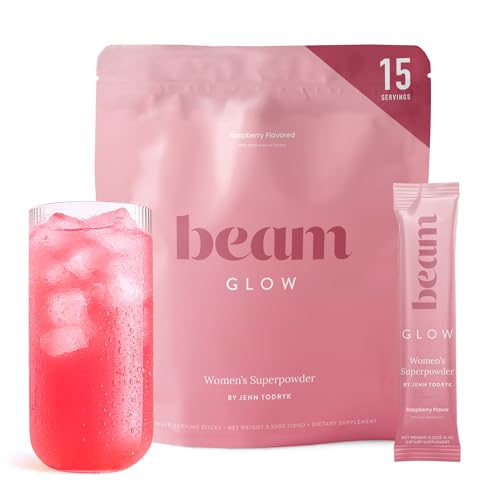 BEAM Glow Hormone Support & Cortisol Supplement for Women - Daily Vitamins for Women with Ashwagandha Selenium Zinc Vitamin A Biotin for Cycle Health Mood & Energy Raspberry 15 Servings