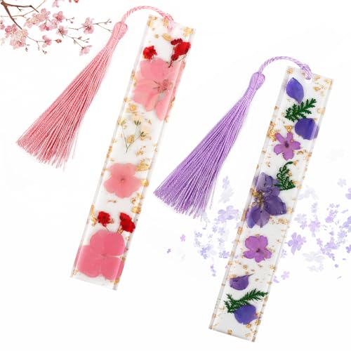 Marcador de Flores con Borlas, 2 Piezas Marcapáginas de Flores Secas de Resina, Marcadores de Flores Secas, Marcadores de Resina de Flores Secas para Estudiantes, Amigos, Amante de Libros