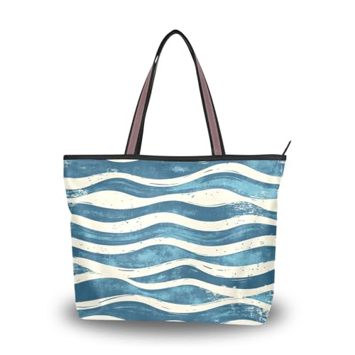 Ewusp Bolso de mano de lona con cremallera para mujer, color blanco y azul, para viajes, compras, trabajo, a, 17.72' L x 13.0' H x 5.2' W