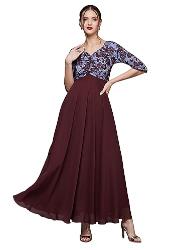 Image of Miss Chase Women's Floral Printed Relaxed Fit V-Neck 3 /4th Sleeve Maxi Dress