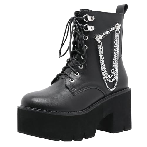 Image of Parisuit Womens Goth Patent Ankle Boots Platform Chunky Combat Boots | Lace Up, Gothic Boots, High Heel, Punk Short Booties, Buckle Boots, Chain Boots