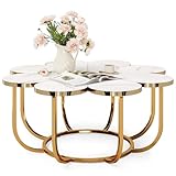LITTLE TREE 39.37-Inch White and Gold Coffee Table, Modern Flower-Shaped Center Table with Faux Marble Top & Metal Frame, Floral Accent Coffee Table for Living Room, Bedroom, Lounge