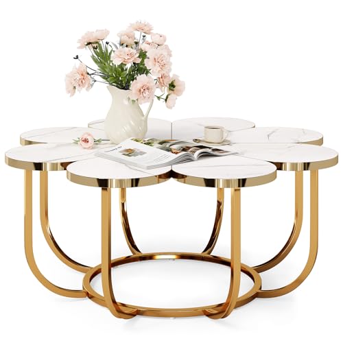 LITTLE TREE 39.37-Inch White and Gold Coffee Table, Modern Flower-Shaped Center Table with Faux Marble Top & Metal Frame, Floral Accent Coffee Table for Living Room, Bedroom, Lounge by LITTLE TREE - Used condition - US$134.77