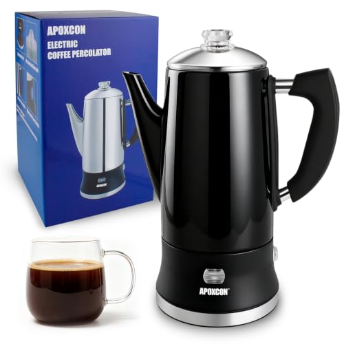 Image of APOXCON Electric Coffee Percolator Stainless Steel Coffee Maker with Glass Knob On /OFF Switch Keep Warm Classic Coffee Pot - No Aluminum No Plastic Contact with Beverage Black (12 Cup)