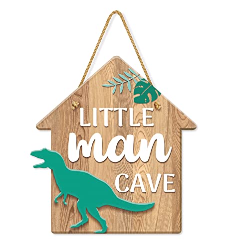 Image of Dinosaur Decor for Boys Room, Hanging Sign Kids Room Decorations for Bedroom PVC Plastic Decorative Signs LITTLE MAN CAVE Sign Playroom Nursery Decor Gift for Boys 11.8″x11″