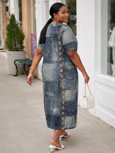 Image of SUZONANA Plus Size Denim Print Maxi Dresses for Women Casual V Neck Short Sleeve with Pockets Soft Jean Look Dress XL-6XL