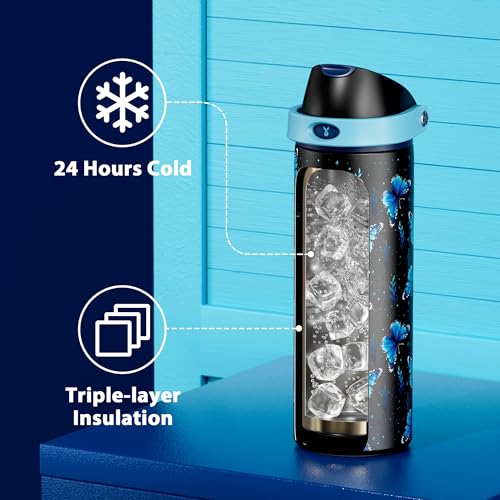 Image of 24 oz Insulated Water Bottle for Women: Meoky Glow in the Dark Water Bottle with 2-in-1 Straw and Spout Lid - Leak Proof, Cold for 24 Hours, Fits in Car Cup Holder, BPA-Free for Sports Travel, Moonlit