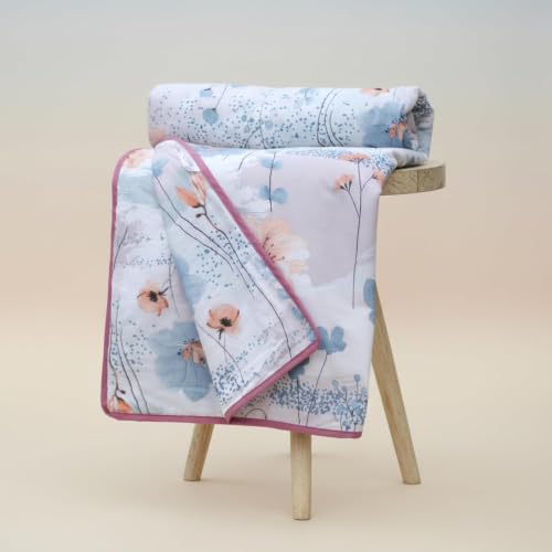 Image of LORETO - A QUALITY LINEN BRAND 100% Cambric Cotton Double Dohar 88 x 90 Inches, 3-Layer AC Blanket with Soft Cotton Flannel Filling, Summer Quilt, Reversible, Blush Breeze Floral - Blue & Peach
