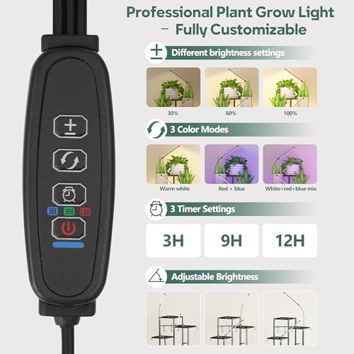 Image of Quikraen 8-Tier Black Plant Stand with Grow Lights, 58.5 inch Tall Ultra-Narrow Corner Plant Shelf with 2-Head LED Grow Light & Hanging Hooks, Space-Saving Metal Flower Pot Holder Rack for Indoor Plants, Patio, Balcony