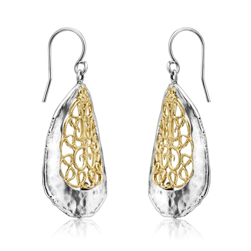 Jean Rachel Jewelry Mixed Metal Two Tone Earrings for Women – Lace Dangle Earrings – 925 Sterling Silver & 14K Gold Over Silver – Teardrop Hammered Hypoallergenic Design3