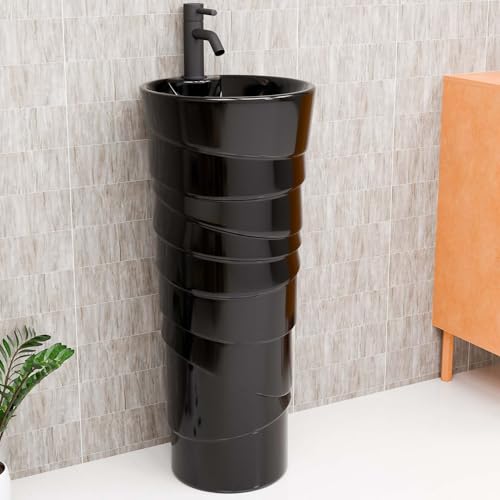 Image of InArt Ceramic One-Piece Pedestal Wash Basin | Free-Standing Pedestal for Living Room & Bathroom | 15 X 15 X 34 Inch (Black)