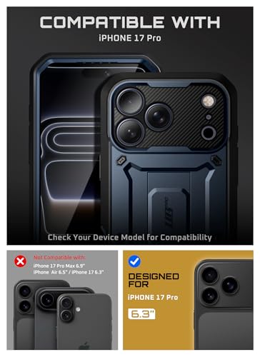 Image of SUPCASE for iPhone 17 Pro Case with Camera Control Button (Unicorn Beetle Pro), [Built-in Kickstand & Screen Protector] [Military-Grade Protection] Full Body Heavy Duty Phone Case, Azure