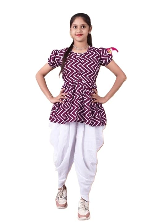 Image of N K Enterprises Kids Printed Short Kurti and Dhoti Pants Set | Festive for Girls