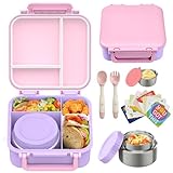 Kids Bento Lunch Box with 9oz Soup Thermo Leakproof Lunch Food Containers 4 Compartment with Insulated Hot Food Jar for Kid Toddler Girls Boys to School Trvael
