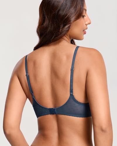 Image of DOBREVA Women's Sheer Mesh Demi Bra Underwire Balconette | Dotted Mesh, Lace Trim, See Through, Plus Size, Smooth, Soft