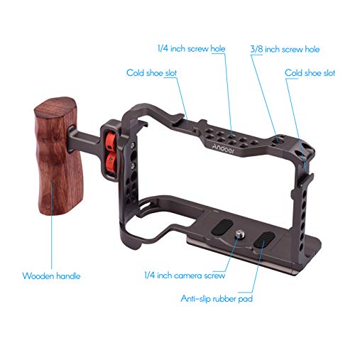 Andoer Gaiola protetora de liga de alumínio com alça universal de madeira, suporte duplo para microf