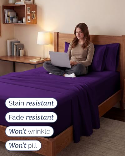 Image of Extra Deep Twin XL Sheet Set - 4 Piece College Dorm Bed Sheets Set w / Extra Deep Pockets - Ultra-Soft, Comfy & Breathable Bedding for Women, Men, Kids & Teens - Wrinkle Free & Fade Resistant - Purple