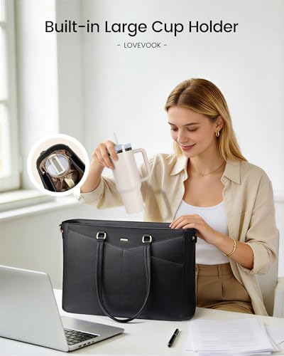 Image of LOVEVOOK Laptop Tote Bag for Women 15.6 Inch Leather Work Bags with Large Cup Holder for Teacher Work Business,Black