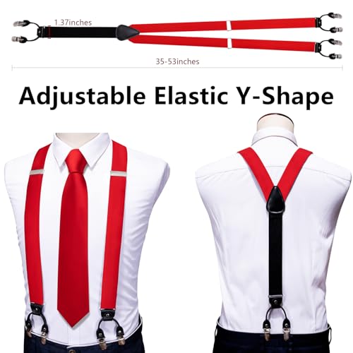 Image of Barry.Wang Men Suspender Set with Necktie Elastic Y Type Heavy Duty 6 Clips Braces Tie Handkerchief Cufflink Pin 6PCS