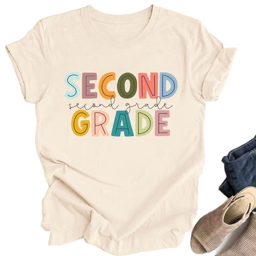 OCURHU 2nd Grade Teacher Shirts Women Second Grade Teacher Shirt for First Day of School Casual Letter Printed Tops Apricot-2 M