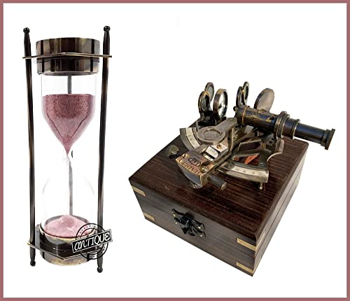 Nautical Marine Hour Glass Antique Compass Timer & Maine Vintage Brass Sextant in Wooden Box