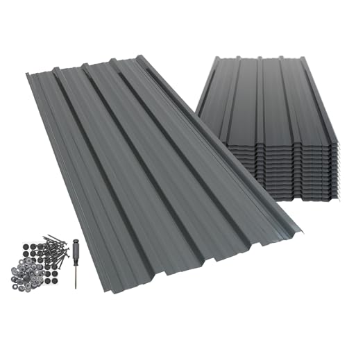 Harbour Housewares 14-Pack Corrugated Metal Roofing Sheets - Anthracite - Galvanised Steel Waterproof Rust-Resistant Heavy Duty Panels 110x46cm for Shed Outbuilding Shelter Roof Repair