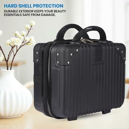 Image of ABS Hard Shell Cosmetic Travel Hand Luggage Portable Carrying Makeup Case Suitcase Organizer Box Vanity Mini Suitcase Small Accessory Bag, 30 cm, No Wheels (Black)