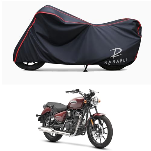 Image of Waterproof Bike Body Cover Compatible for | Royal Enfie Meteor 350 ABS Custom | Taffeta Fabric, Red Piping Design, Bottom Elastic Fit | Dustproof, Sun UV & Rain Protection for All Bikes
